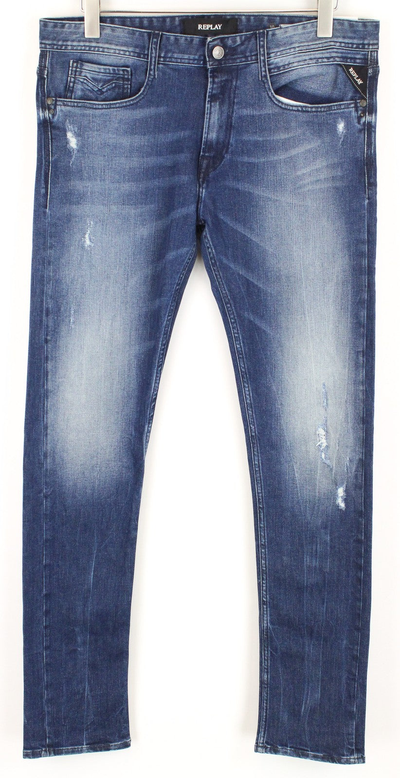 REPLAY Rob vyriški džinsai W30/L34 tiesaus kirpimo, siaurėjantys, mėlyni, tamprūs, plėšyti medvilniniai džinsai 