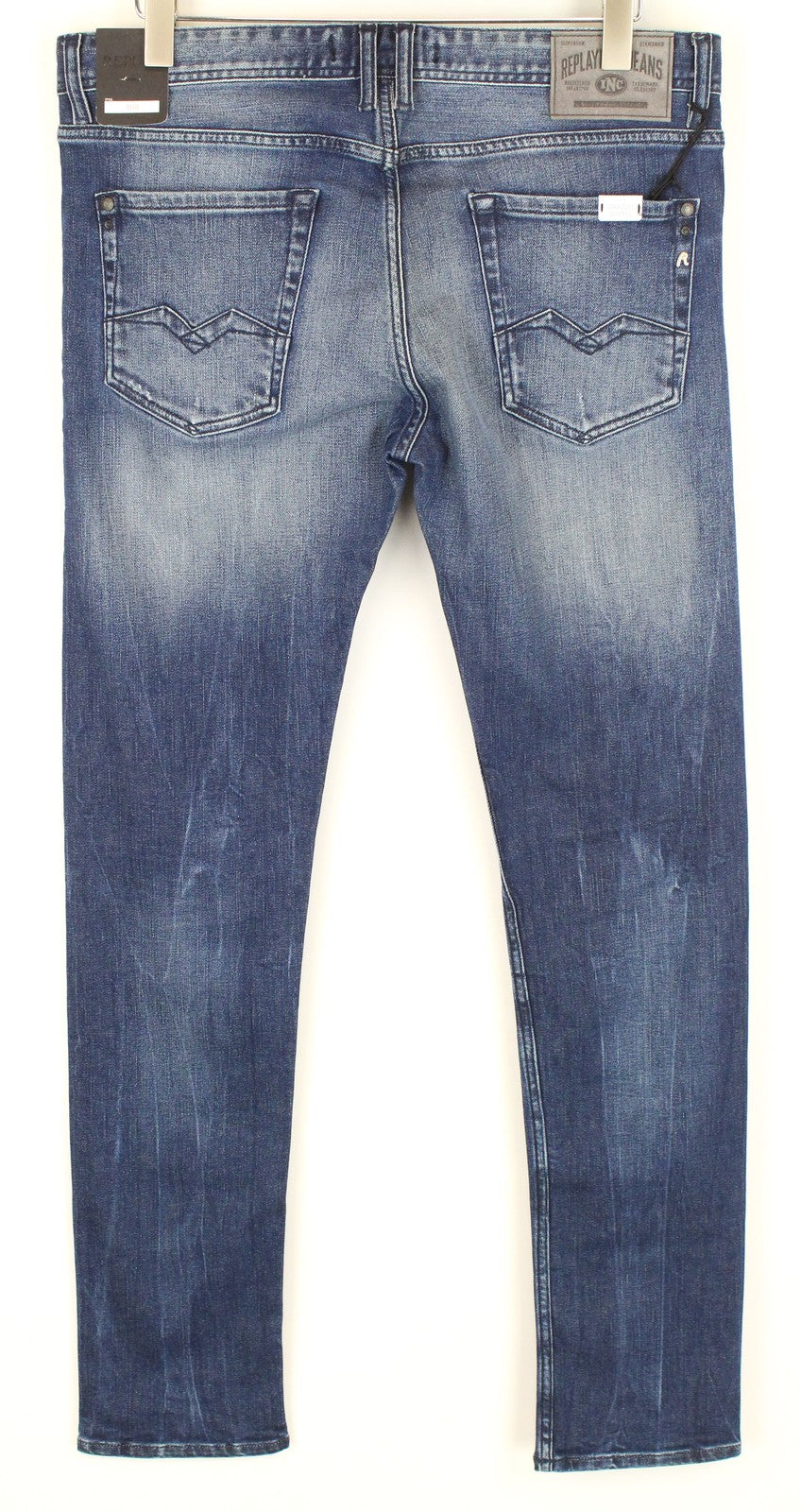 REPLAY Rob vyriški džinsai W30/L34 tiesaus kirpimo, siaurėjantys, mėlyni, tamprūs, plėšyti medvilniniai džinsai 