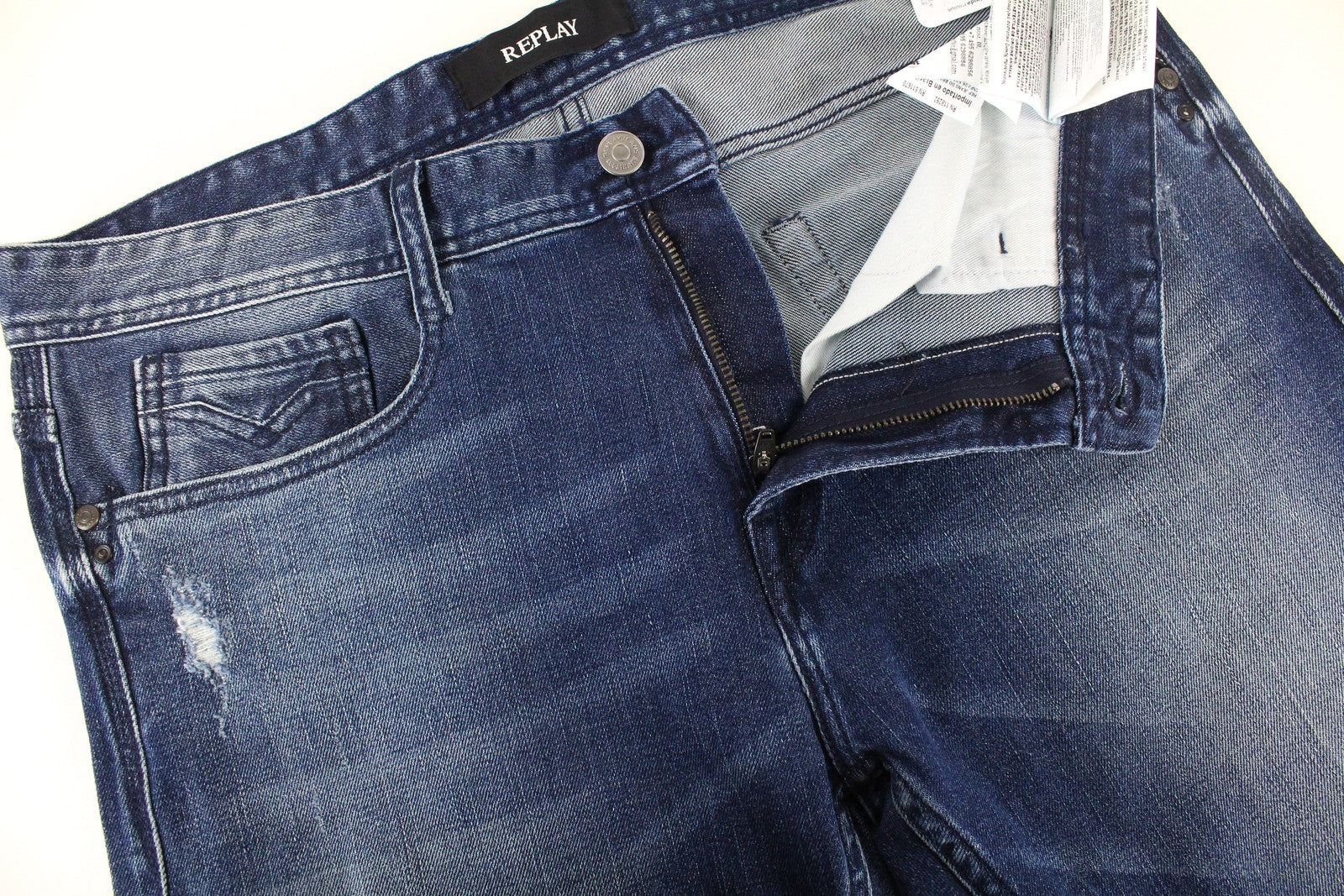 REPLAY Rob vyriški džinsai W30/L34 tiesaus kirpimo, siaurėjantys, mėlyni, tamprūs, plėšyti medvilniniai džinsai 