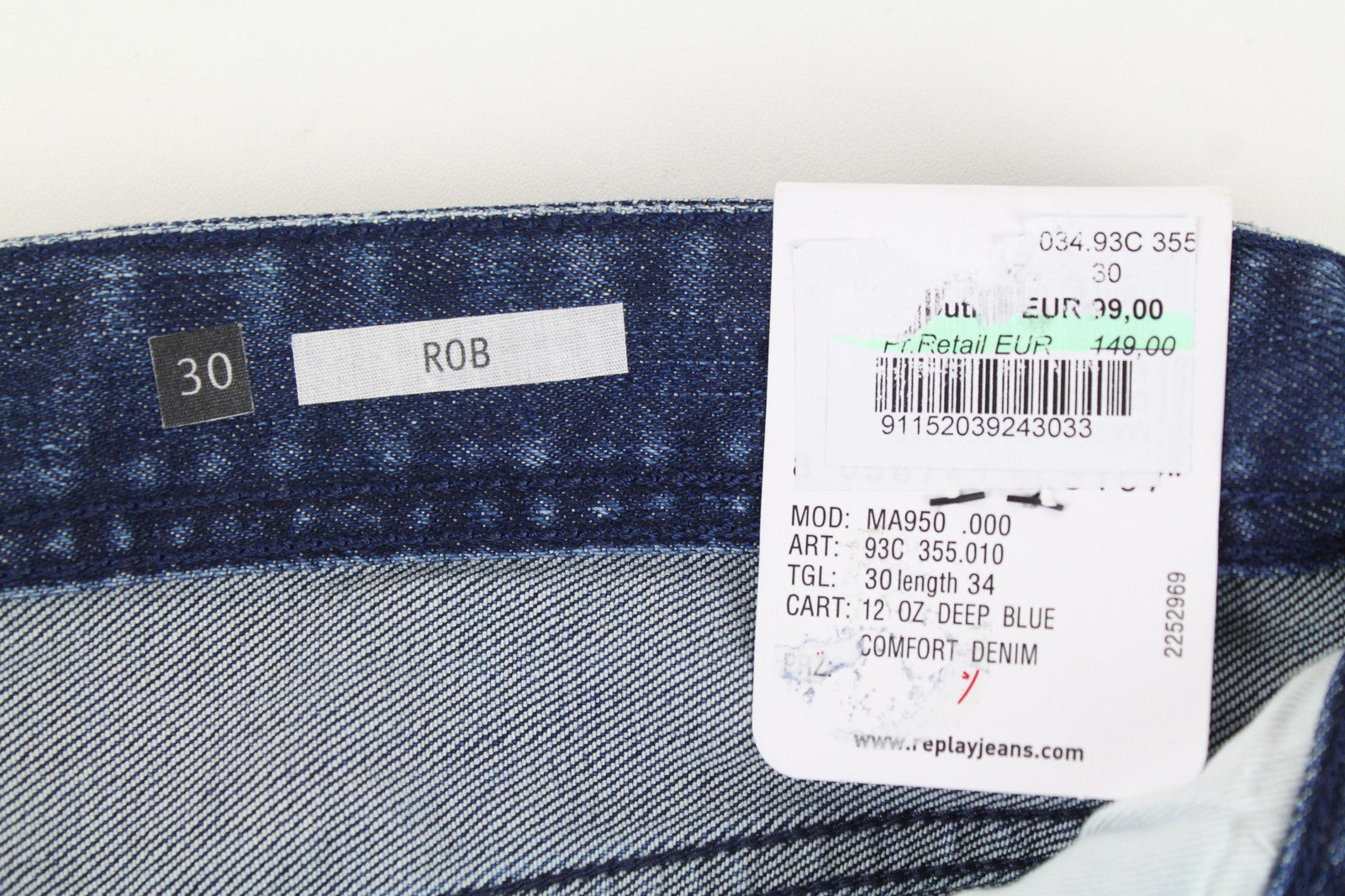 REPLAY Rob vyriški džinsai W30/L34 tiesaus kirpimo, siaurėjantys, mėlyni, tamprūs, plėšyti medvilniniai džinsai 