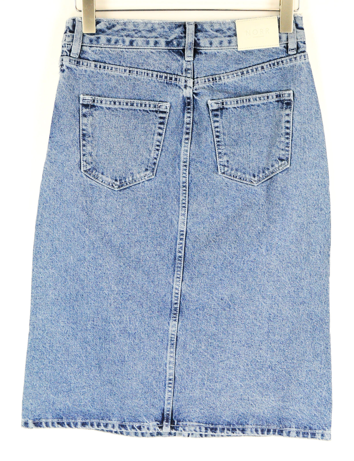 NORR Women Skirt S Blue Washed Denim Slit Over Knee Pure Cotton Casual Style