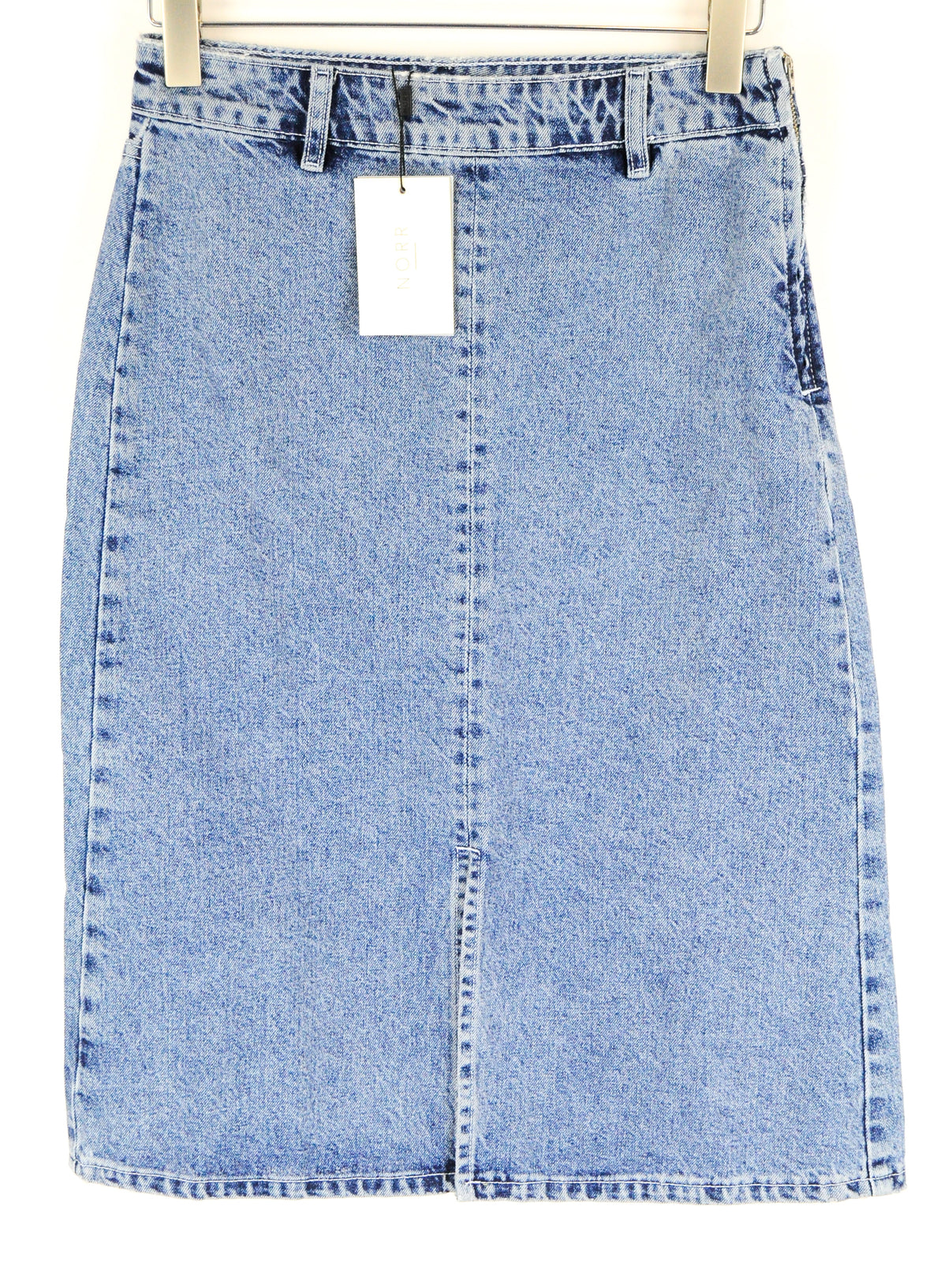 NORR Women Skirt S Blue Washed Denim Slit Over Knee Pure Cotton Casual Style