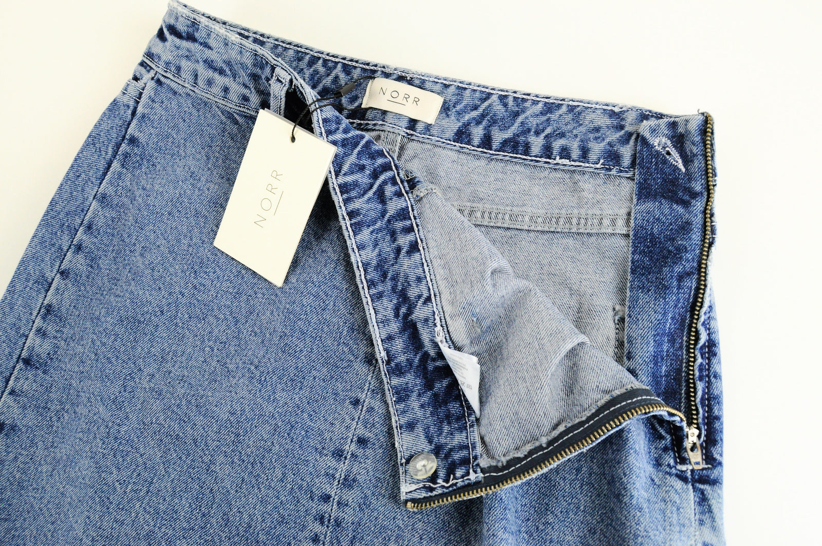 NORR Women Skirt S Blue Washed Denim Slit Over Knee Pure Cotton Casual Style