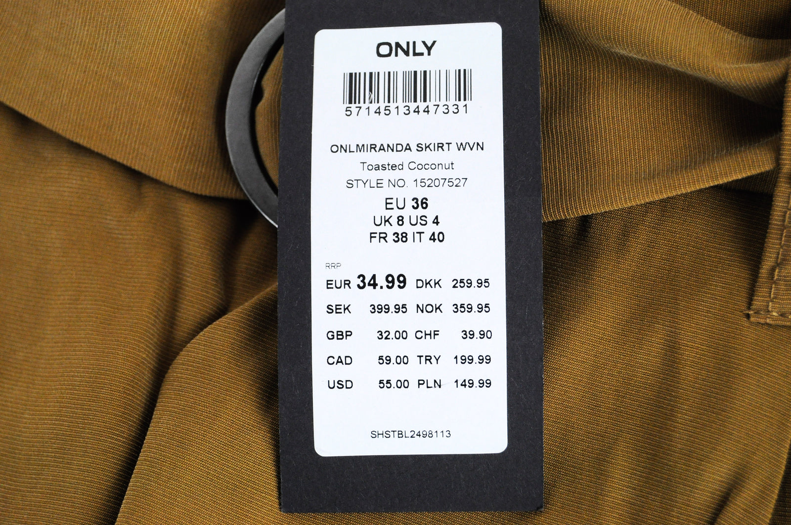 ONLY Miranda Women Skirt EU36 Brown Mini Belted Pull-On Pocketed Cotton Stretch