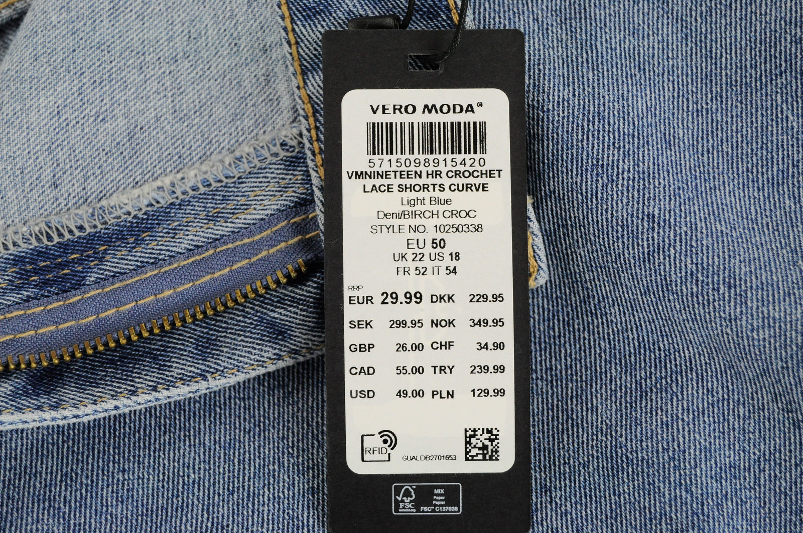 VERO MODA moteriški šortai, UK22, mėlyni džinsiniai, grynos medvilnės, nėriniai, 5 kišenės, laisvalaikio stiliaus.