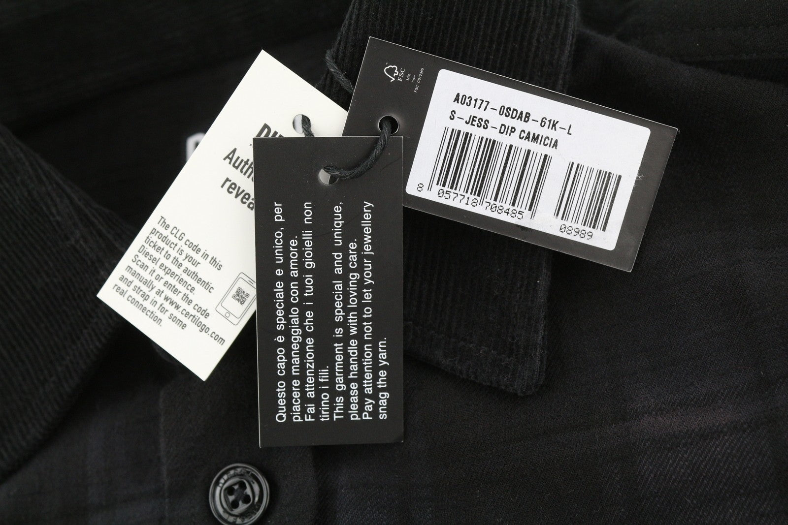 DIESEL S-Jess-Dip vyriški marškinėliai, L dydžio, juodi flaneliniai, su sagomis, languoti, platėjančia kaklo iškirpte, rekomenduojama kaina – 150 €