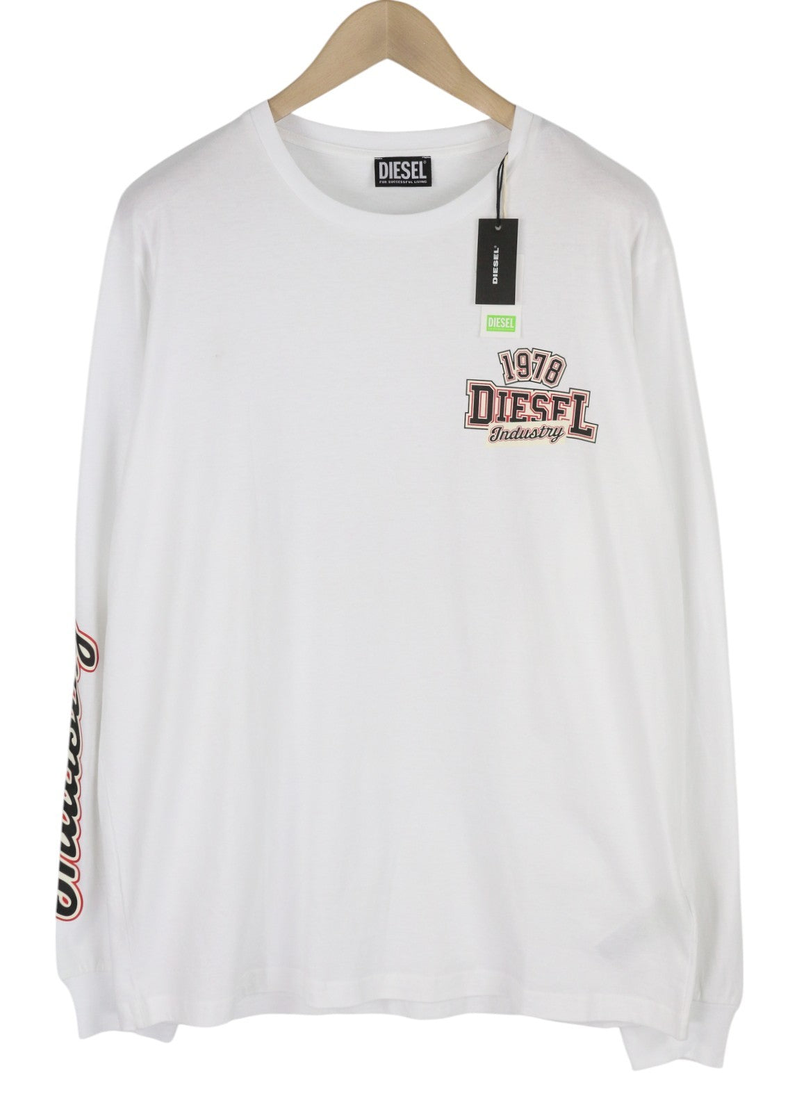 DIESEL T-Diegos-LS-K27 vyriški marškinėliai su ilgomis rankovėmis, 2XL dydžio, balti, apvalios iškirptės, trikotažo logotipu. 