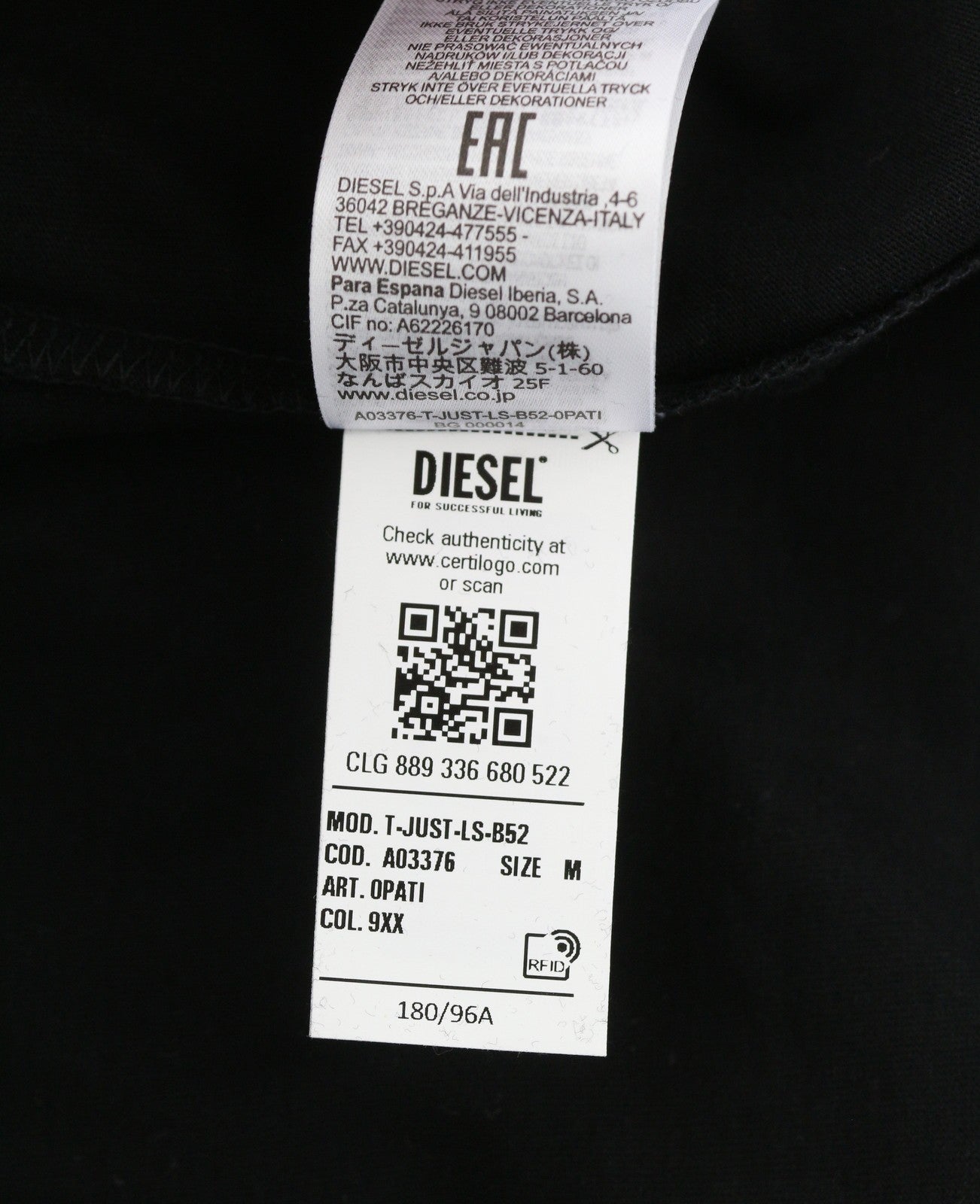 DIESEL T-Just-LS-B52 Men T-Shirt M Black Crew Neck Long Sleeved Tricot