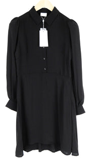 VILA Women Dress 36 Black Puffy Collared Long Sleeve Pleated Half-Buttoned