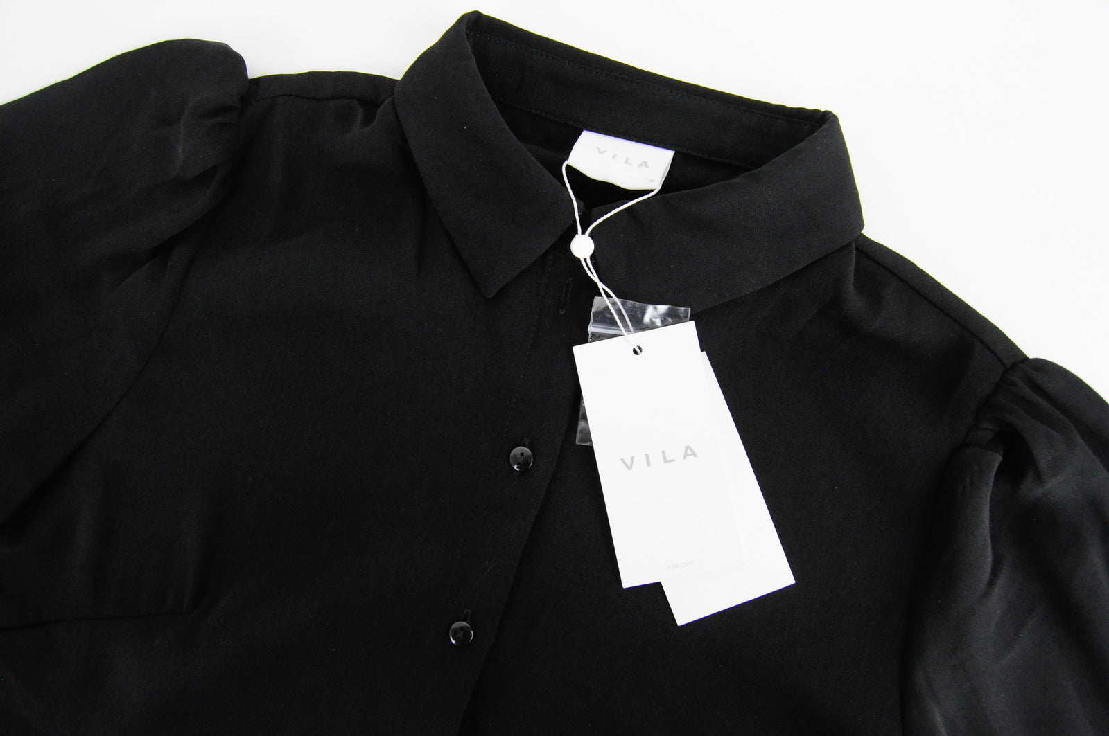 VILA Women Dress 36 Black Puffy Collared Long Sleeve Pleated Half-Buttoned
