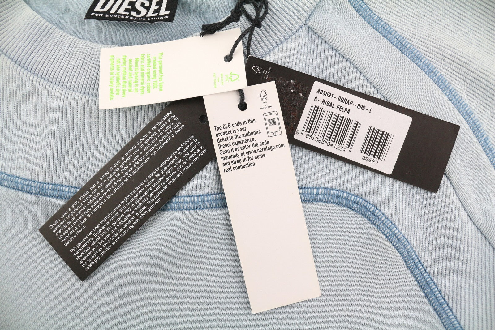 DIESEL S-Ribal vyriškas džemperis, L dydžio, mėlynas, megztinis su apvalia kaklo iškirpte, medvilninis, rekomenduojama kaina – 195 € 