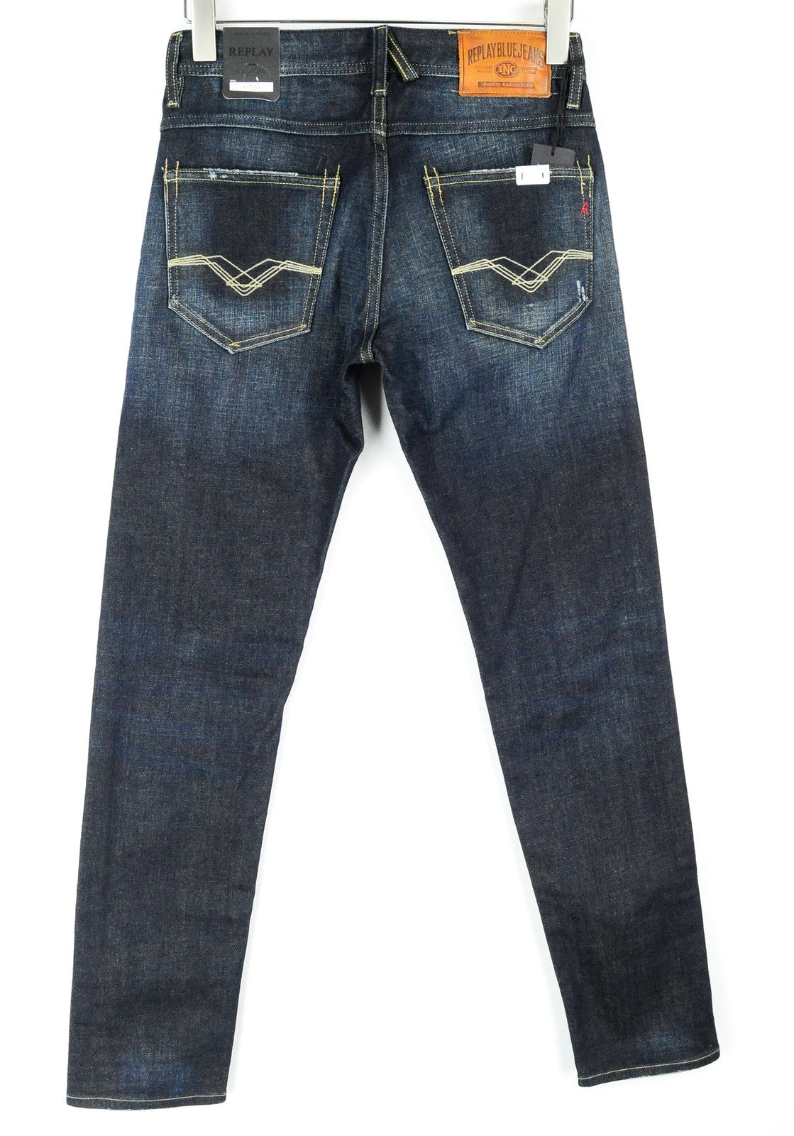 REPLAY Ronas vyriški džinsai W29/L34 Slim Fit skalbtos tamsiai mėlynos medvilnės tamprūs džinsai 