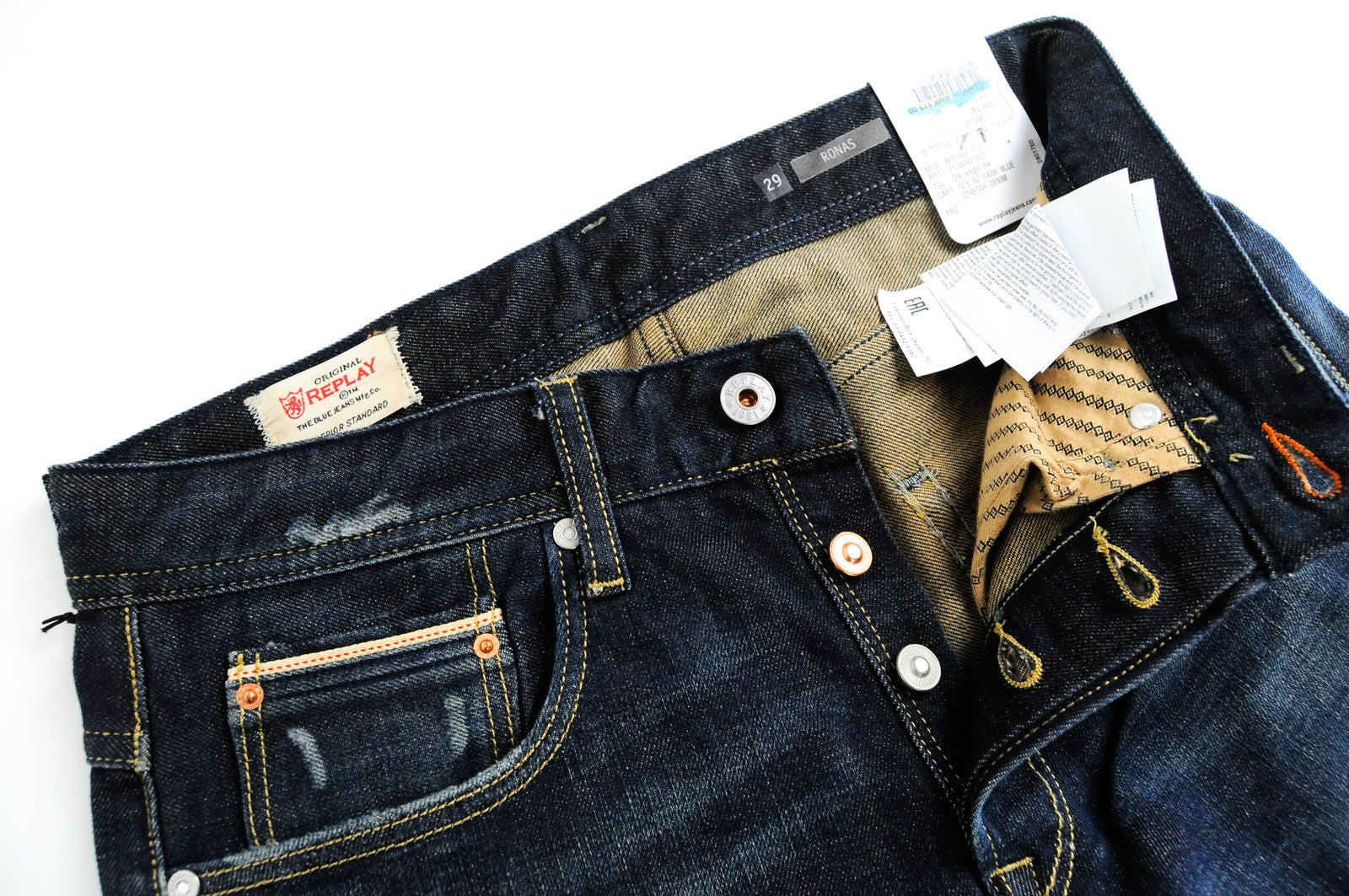 REPLAY Ronas vyriški džinsai W29/L34 Slim Fit skalbtos tamsiai mėlynos medvilnės tamprūs džinsai 