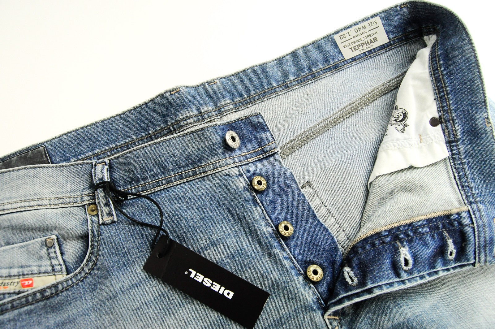 DIESEL Tepphar 0842H vyriški džinsai W40/L32 Slim Carrot Fit mėlyni medvilniniai skalbti džinsai 