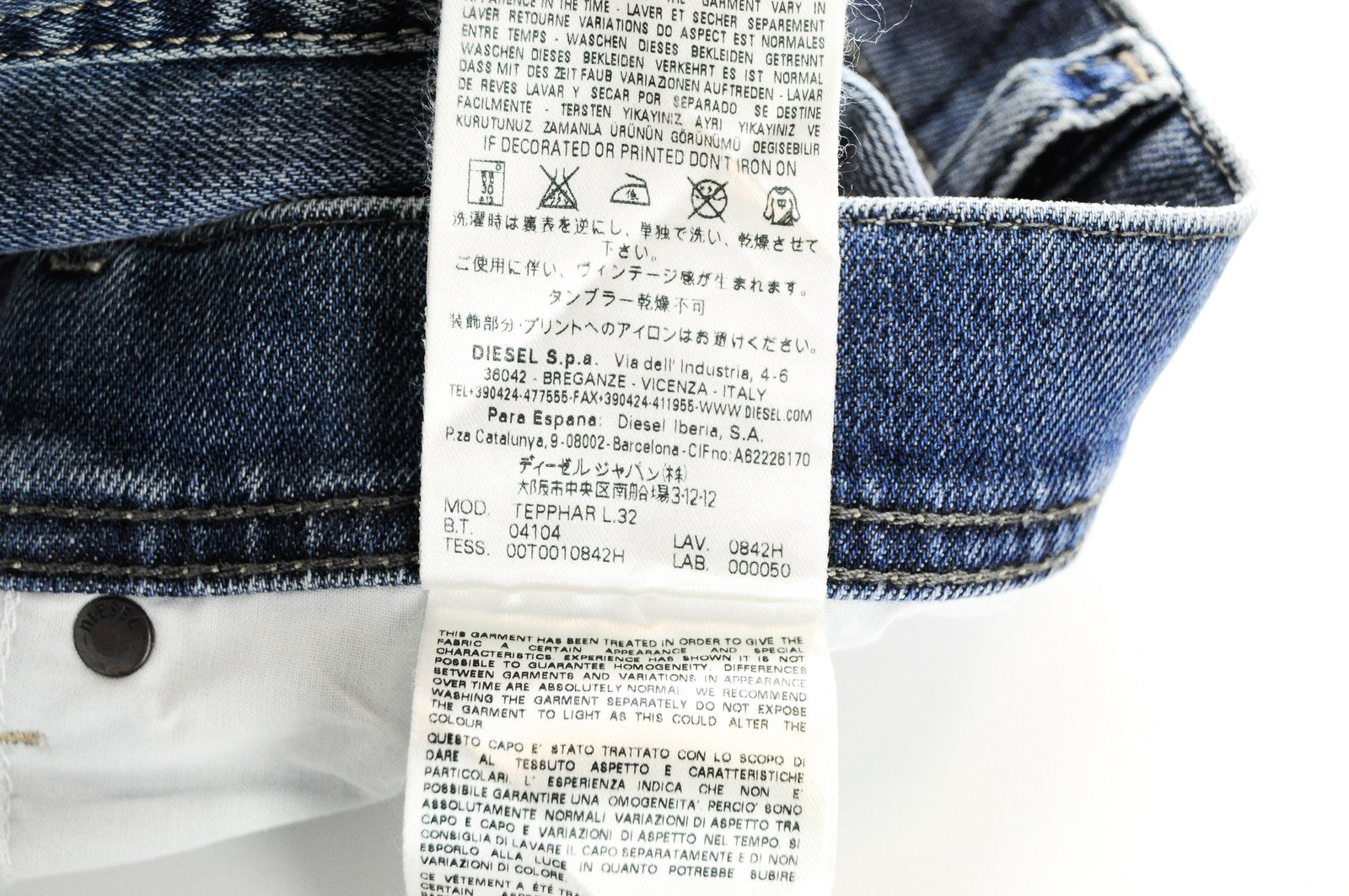 DIESEL Tepphar 0842H vyriški džinsai W40/L32 Slim Carrot Fit mėlyni medvilniniai skalbti džinsai 