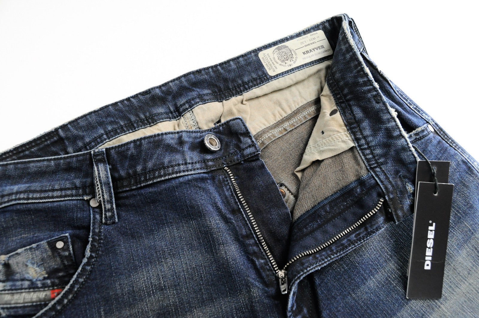 DIESEL Krayver R48XU vyriški džinsai W31/L32 Slim Carrot Fit mėlyni medvilniniai tamprūs džinsai skalbimui 