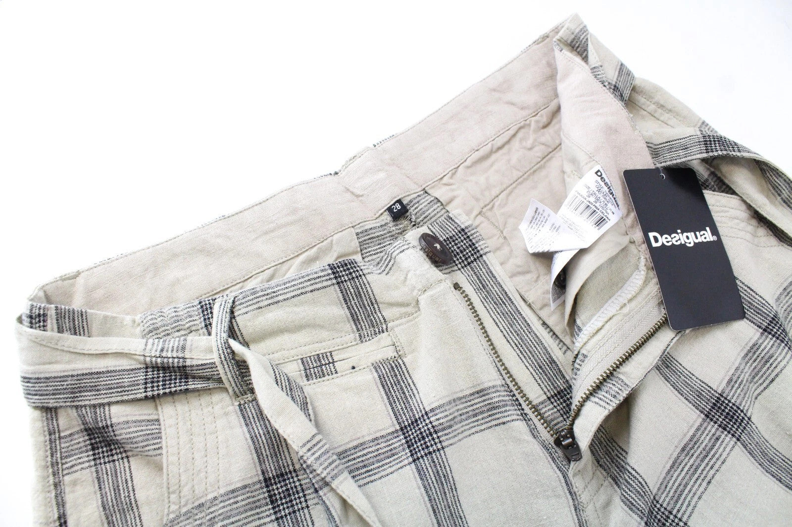 DESIGUAL Marc Men's Shorts Brown Checked Linen Blend UK10 Multi Pocket Cargo