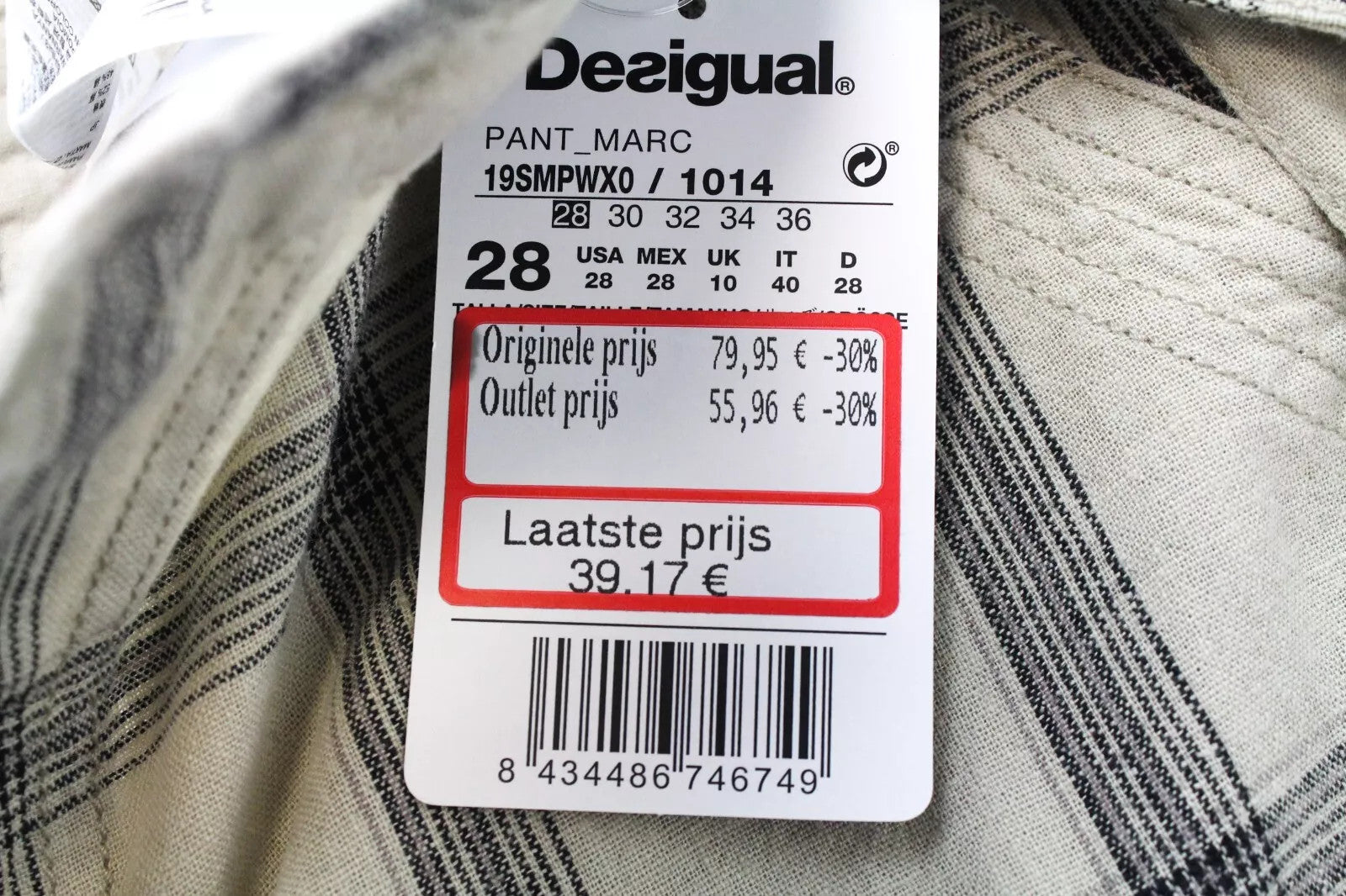 DESIGUAL Marc Men's Shorts Brown Checked Linen Blend UK10 Multi Pocket Cargo