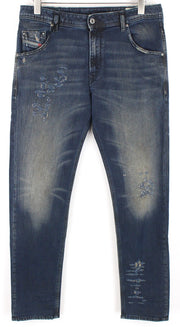 DIESEL Krayver R48XU vyriški džinsai W31/L32 Slim Carrot rašto plėšyti mėlyni medvilniniai 