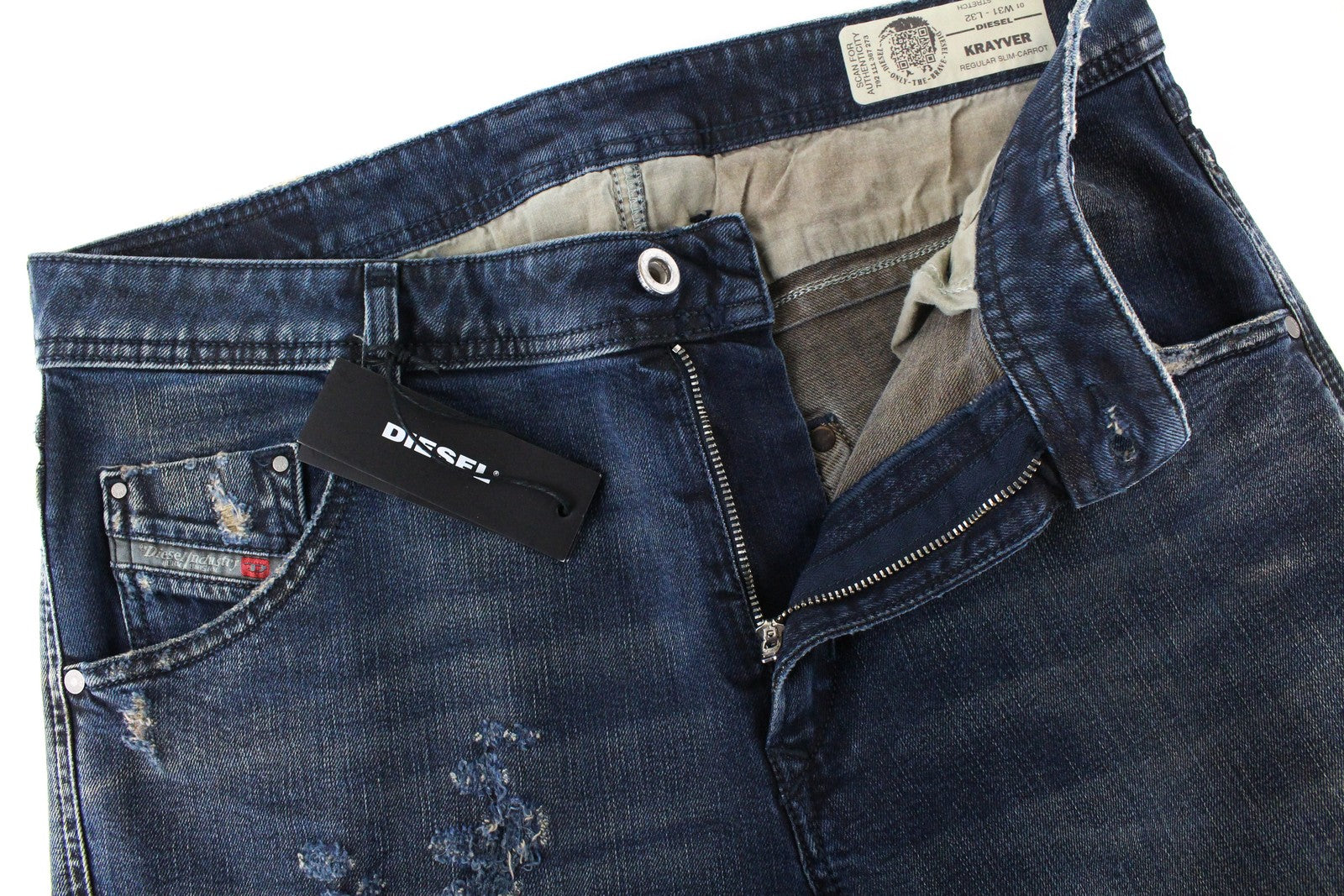 DIESEL Krayver R48XU vyriški džinsai W31/L32 Slim Carrot rašto plėšyti mėlyni medvilniniai 