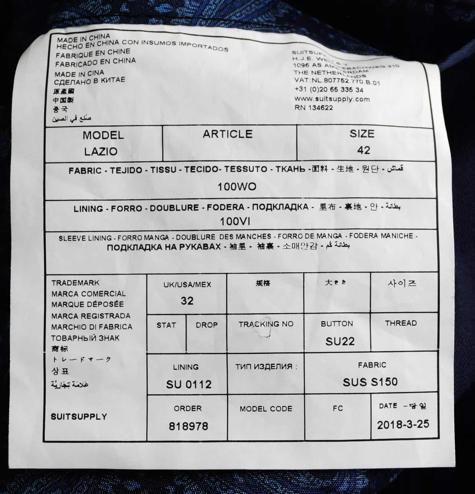 SUITSUPPLY Lazio Men's Suit UK32 Navy Wool Lined Pleated Formal 2-Piece