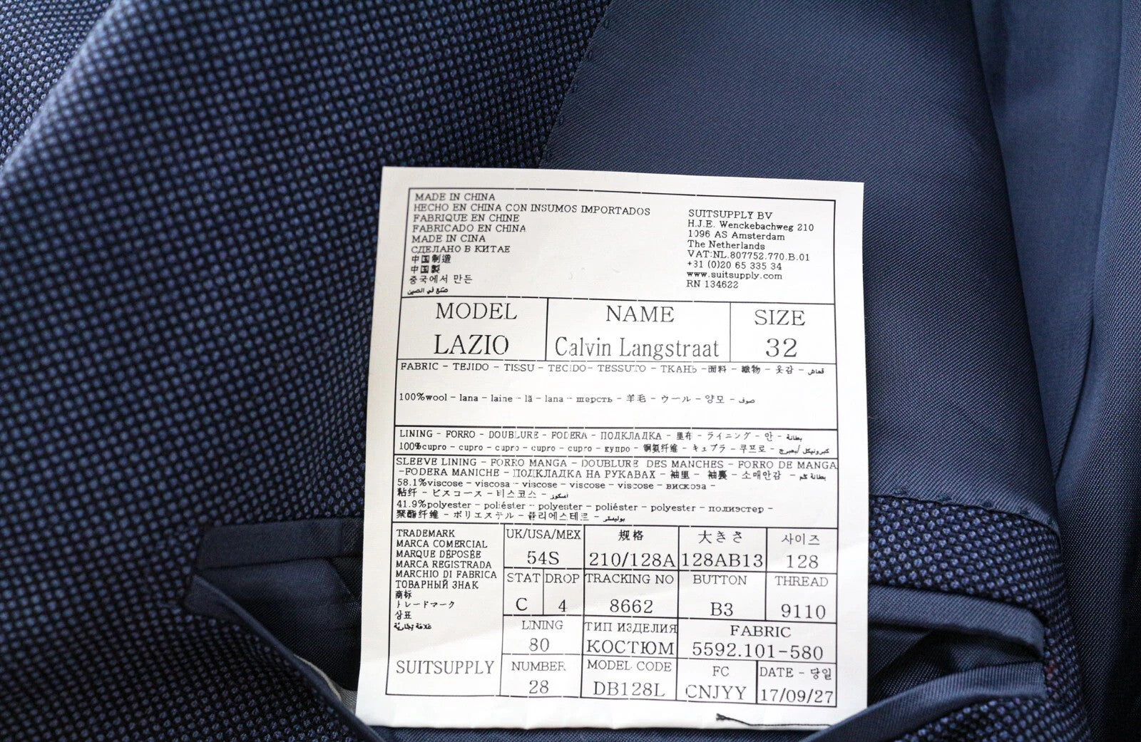 SUITSUPPLY Lazio Men's Blazer UK54S Blue Pure Wool Single-Breasted Formal