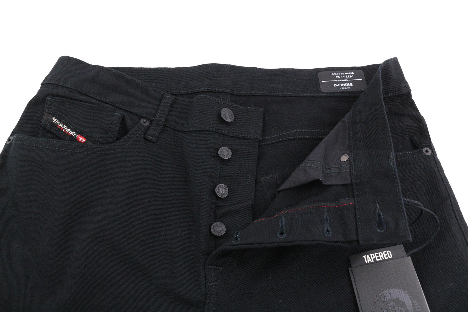 DIESEL D-Fining 0688H vyriški džinsai W33/L34, juodi, su sagomis, siaurėjantys, tamprūs. 