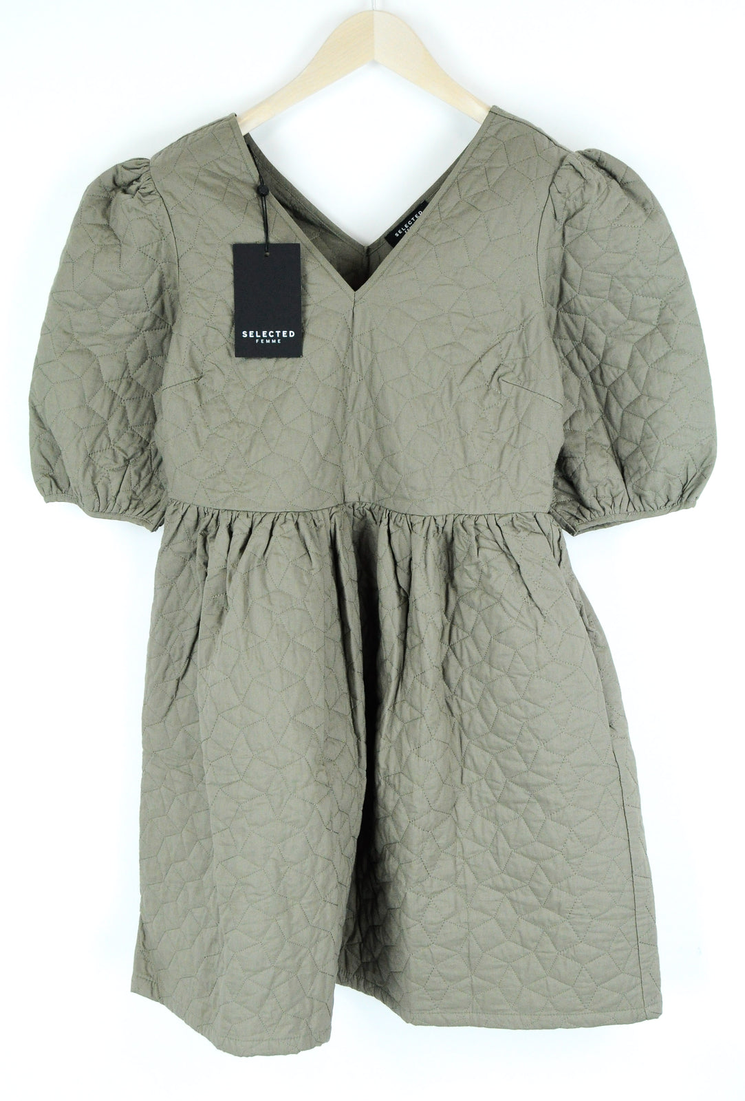 SELECTED Women Dress EU36 Green Cotton Short Sleeve Puffy Balloon Skirt Style