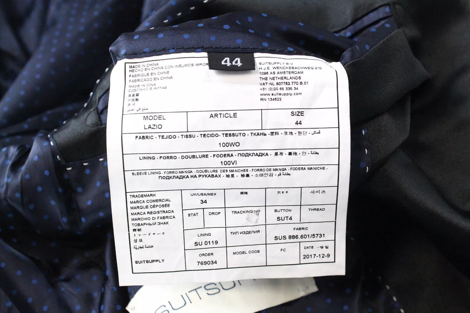 SUITSUPPLY Lazio Men's Suit UK34 Navy Tux Wool Single-Breasted Lined