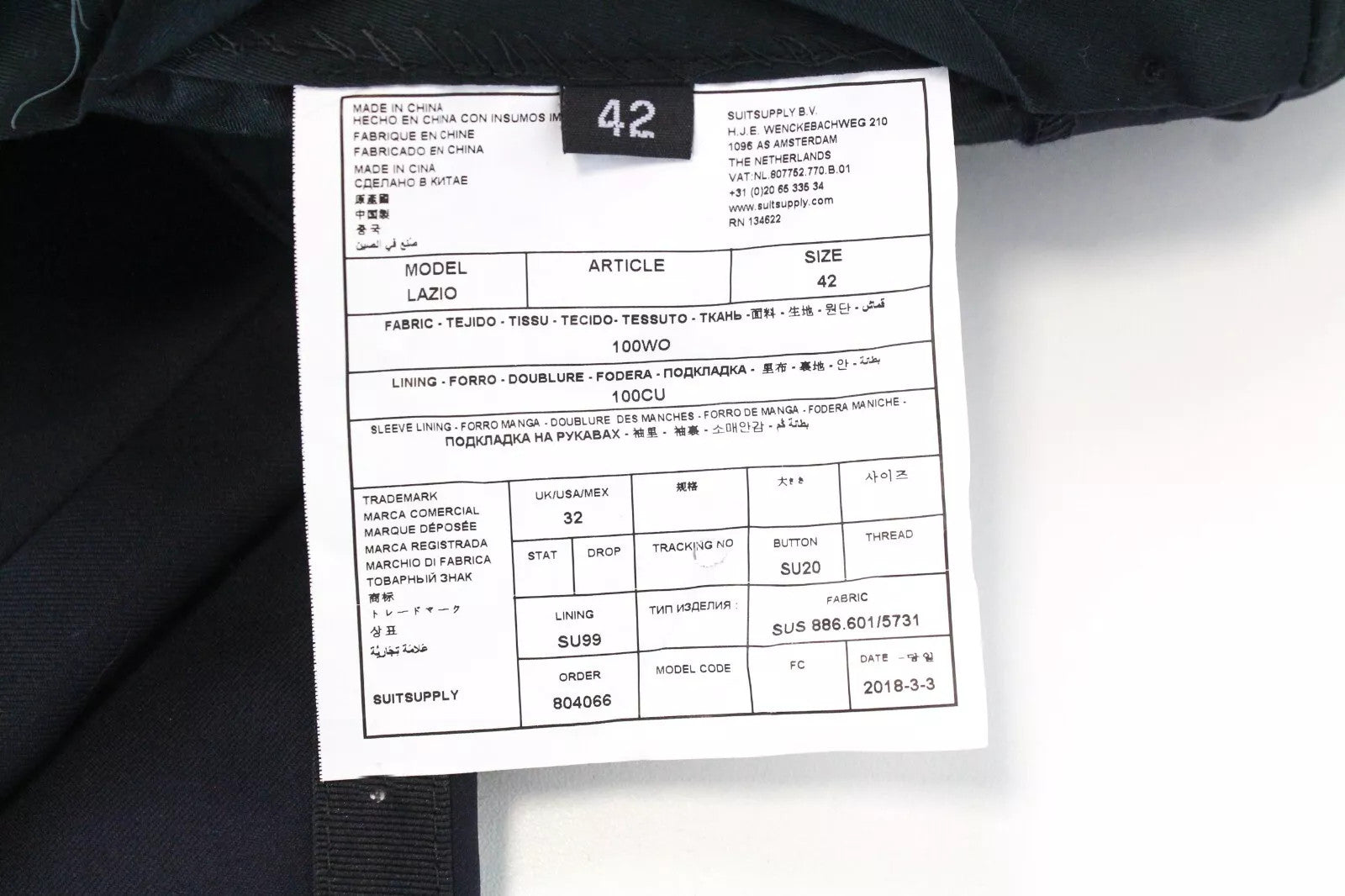 SUITSUPPLY Lazio Men's Suit UK34 Navy Tux Wool Single-Breasted Lined