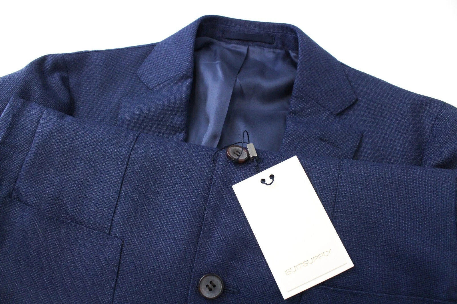 SUITSUPPLY vyriškas švarkas „Havana“ su mėlyna vilnone apykakle, vienaeilis, UK34R 