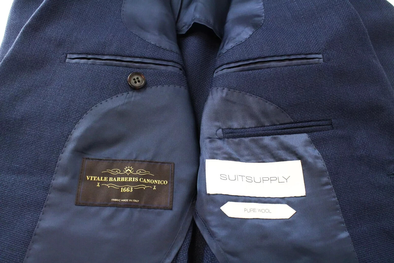 SUITSUPPLY vyriškas švarkas „Havana“ su mėlyna vilnone apykakle, vienaeilis, UK34R 