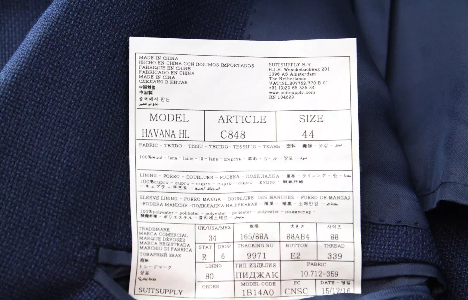 SUITSUPPLY vyriškas švarkas „Havana“ su mėlyna vilnone apykakle, vienaeilis, UK34R 