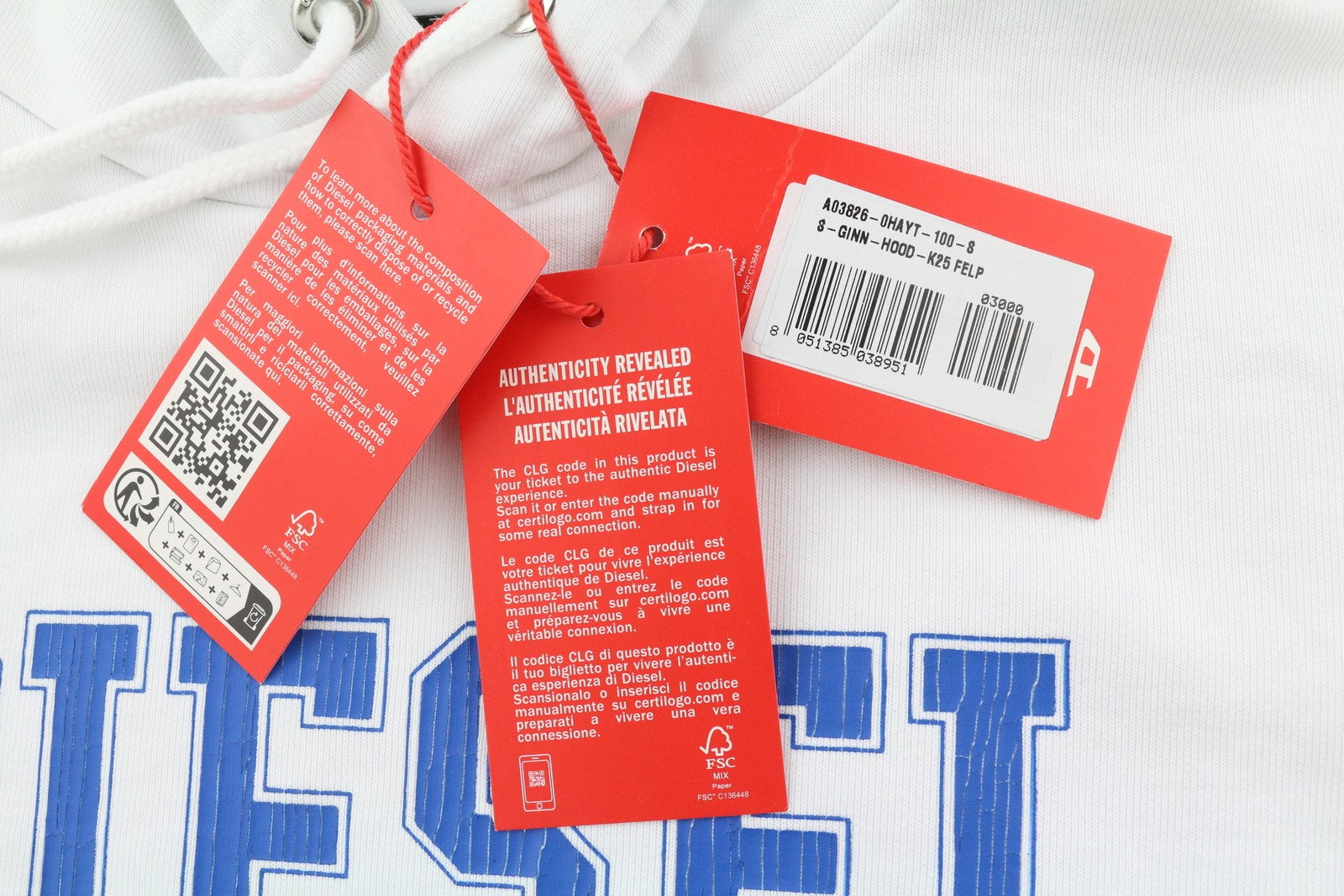 DIESEL S-Ginn-Hood-K25 vyriškas džemperis su gobtuvu S dydžio, baltas, su kengūros kišene. Rekomenduojama kaina – 125 €. 