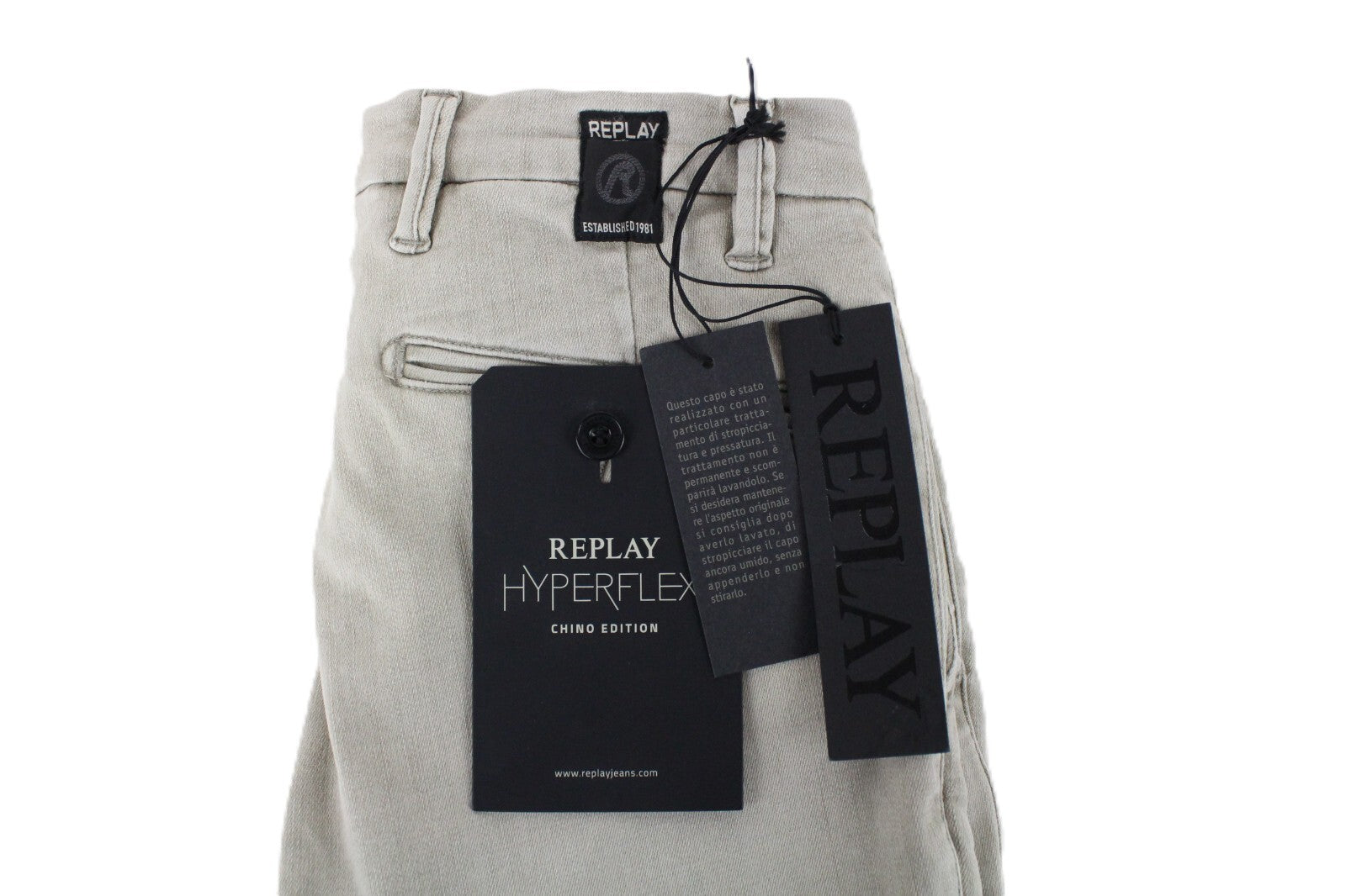 REPLAY Lehoen Men Chinos W27 Beige Cotton Hyperflex Washed Stretch Trousers