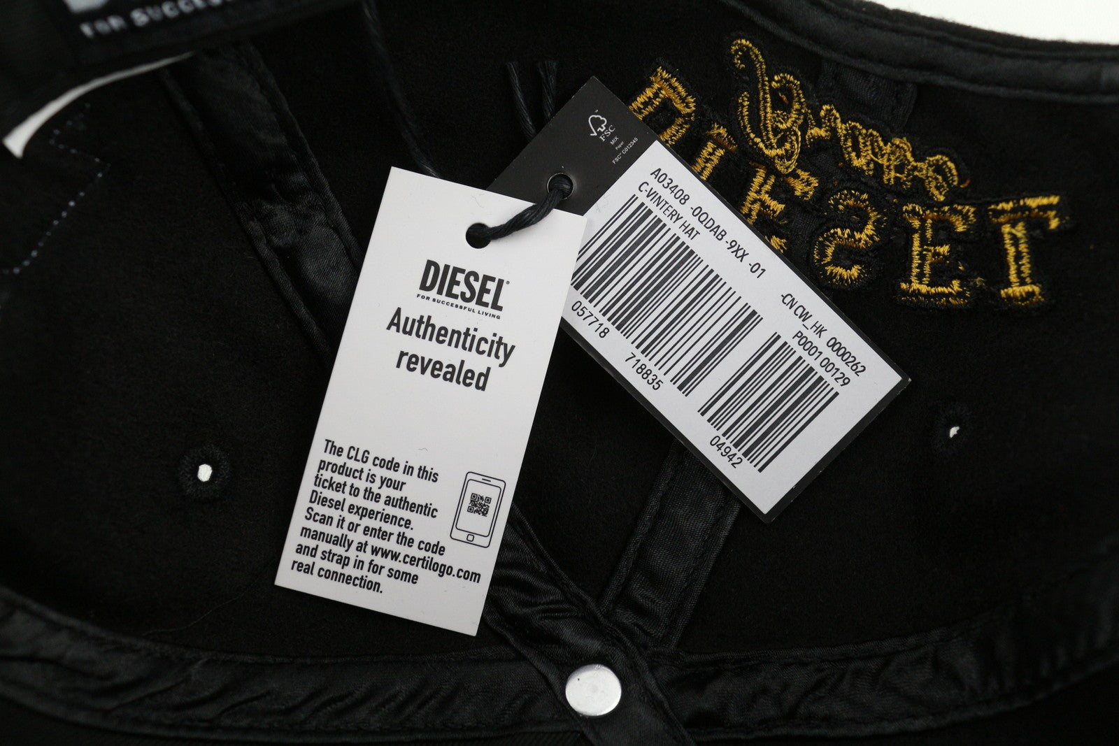 DIESEL C-Vintery vyriška kepurė OS juoda su užsegimu ant nugaros, vilnos mišinio, siuvinėtu logotipu ir unisex... 