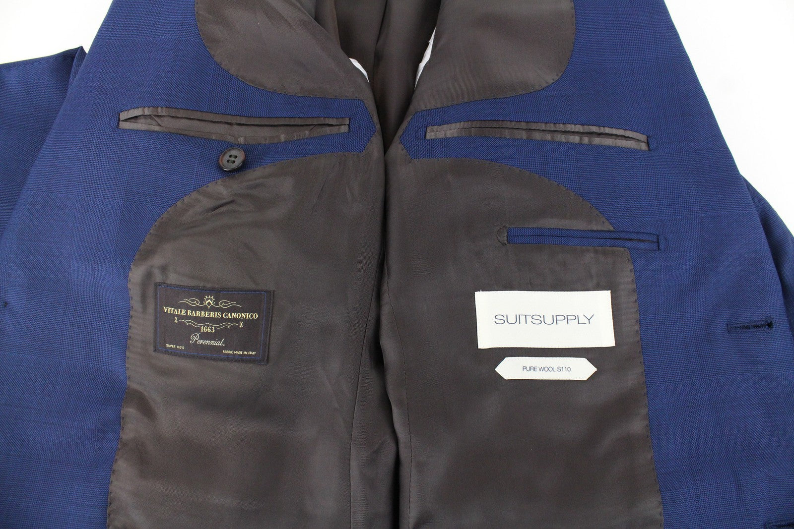 SUITSUPPLY Lazio vyriškas švarkas UK38R super vilnonis plonas mėlynas languotas audinys 