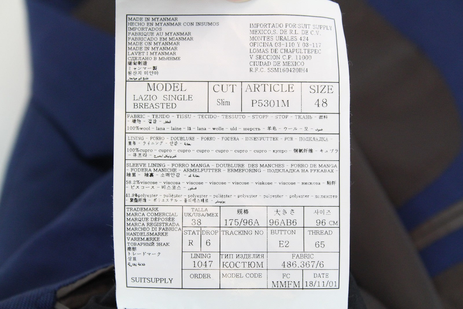 SUITSUPPLY Lazio vyriškas švarkas UK38R super vilnonis plonas mėlynas languotas audinys 