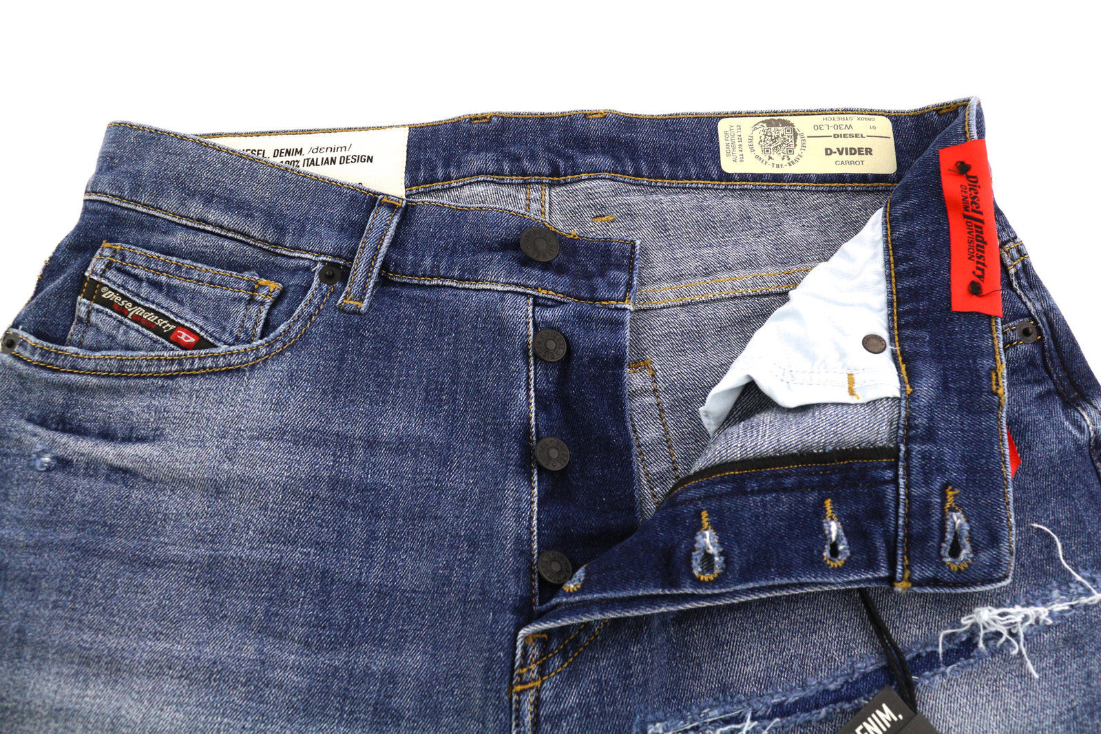DIESEL D-Vider 0890X vyriški džinsai W30/L30 morkų kirpimo, tamprūs, skalbtos mėlynos spalvos 
