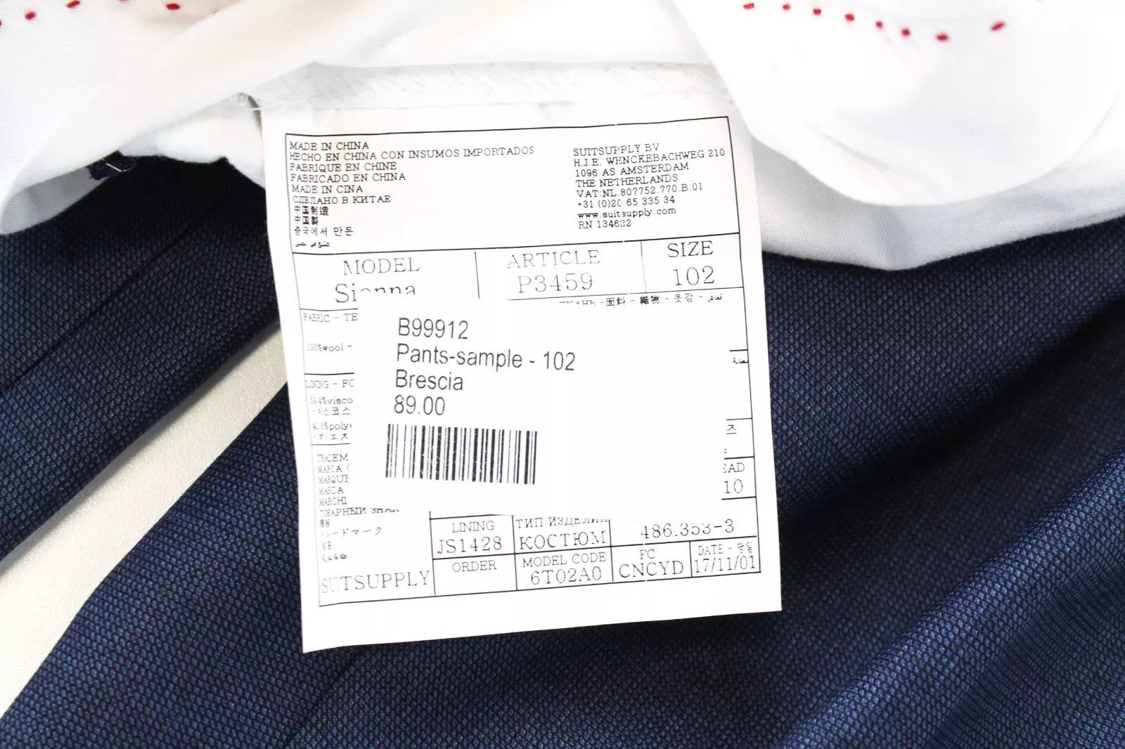 SUITSUPPLY Sienna Men's Trousers 42L Blue Pure Wool Pleated Formal Fit