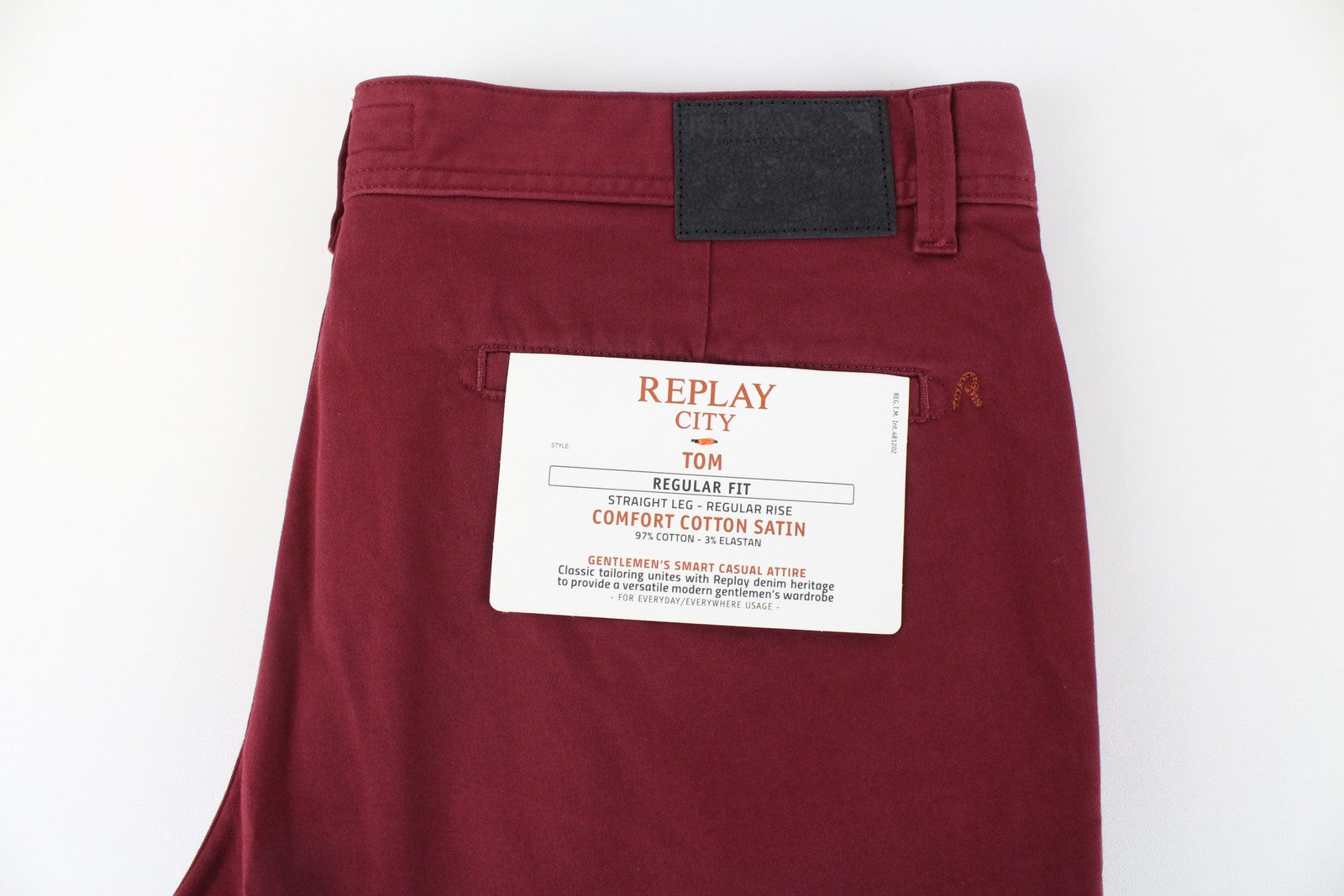 REPLAY Tom Men Trousers W34/L32 Red Cotton Stretch Regular Fit Stylish Trousers
