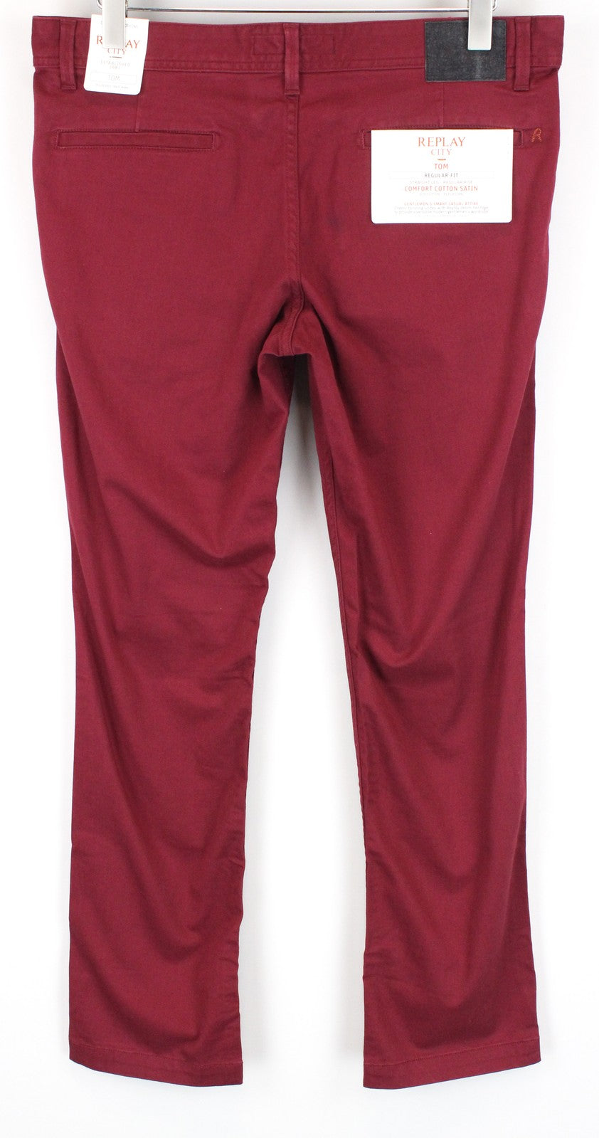 REPLAY Tom Men Trousers W34/L32 Red Cotton Stretch Regular Fit Stylish Trousers