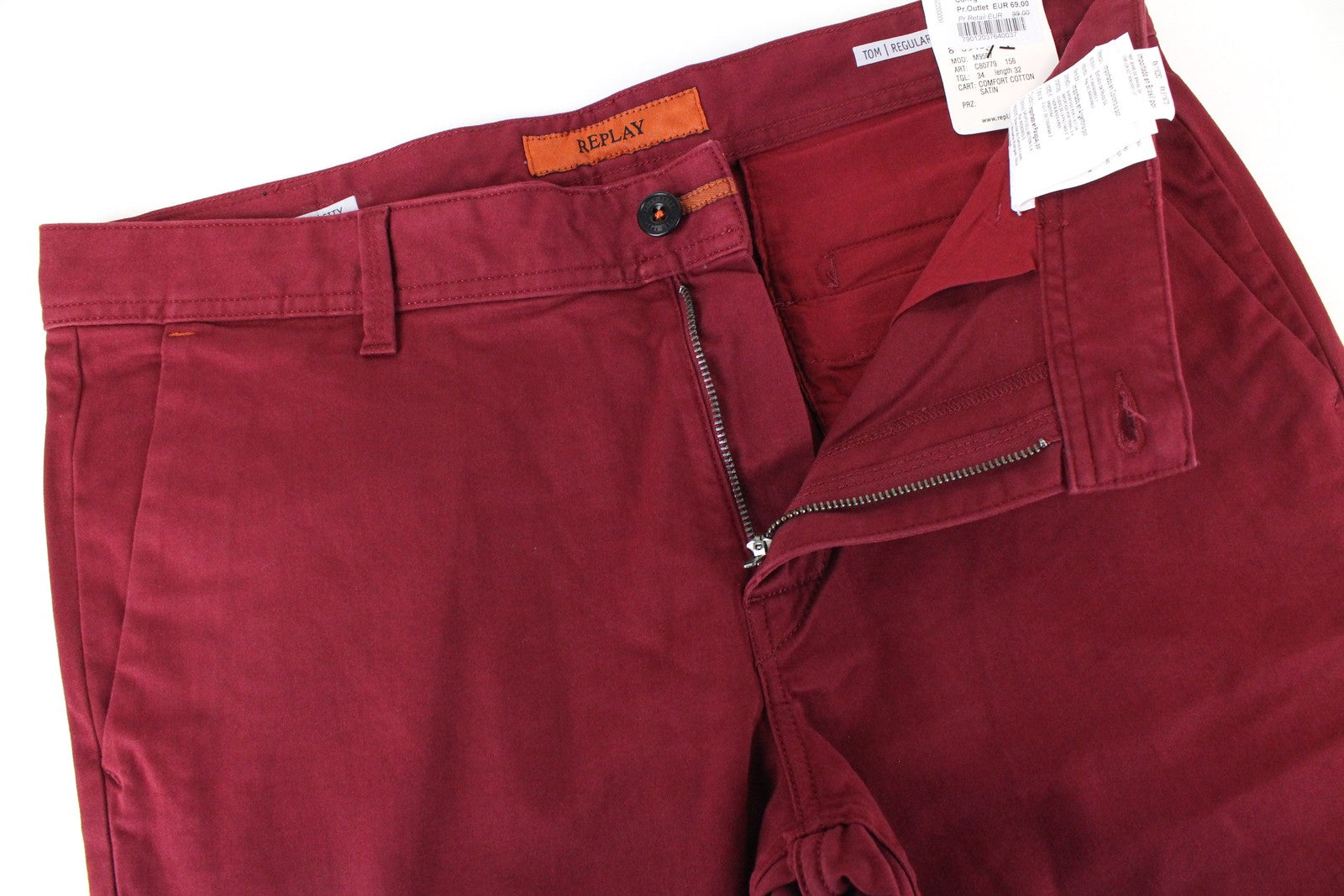 REPLAY Tom Men Trousers W34/L32 Red Cotton Stretch Regular Fit Stylish Trousers