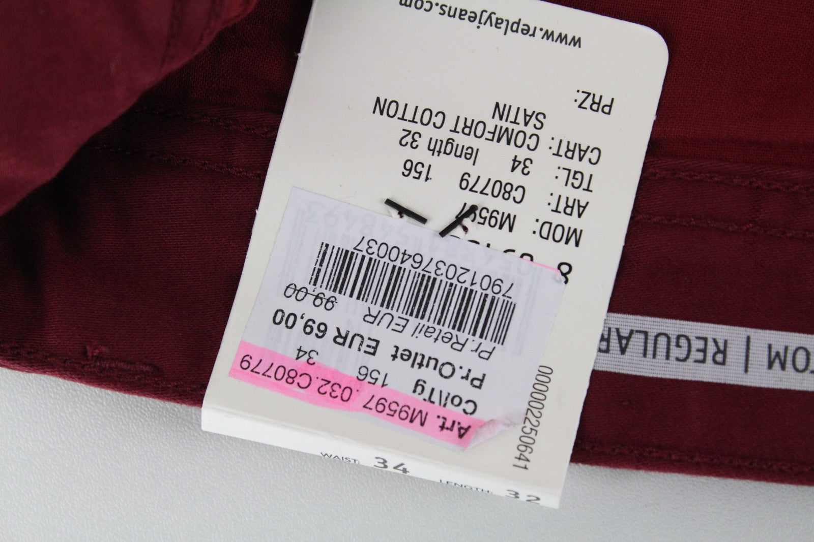 REPLAY Tom Men Trousers W34/L32 Red Cotton Stretch Straight Fit Smart Casual