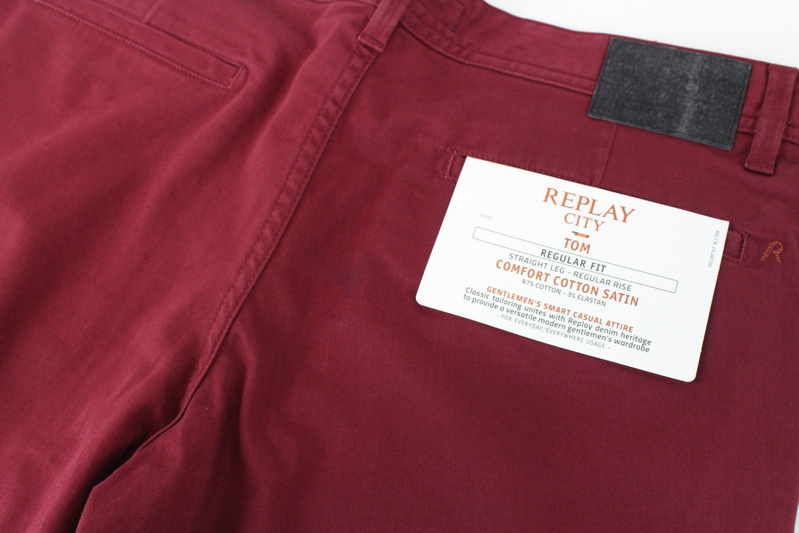 REPLAY Tom Men Trousers W33/L32 Red Cotton Stretch Straight Fit Smart Casual
