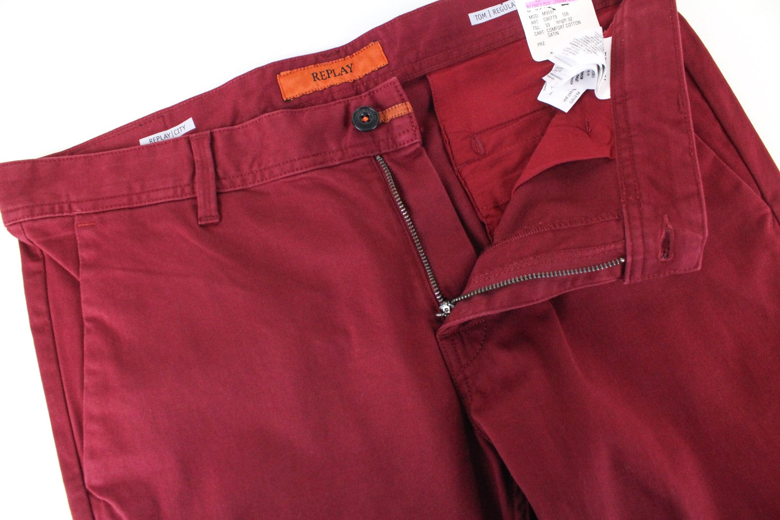 REPLAY Tom Men Trousers W33/L32 Red Cotton Stretch Straight Fit Smart Casual