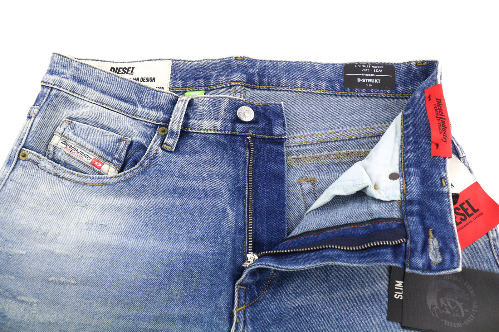 DIESEL D-Strukt 009MW vyriški džinsai W31/L32 Slim Stretch, dryžuoti, skalbtos mėlynos spalvos, RRP195 