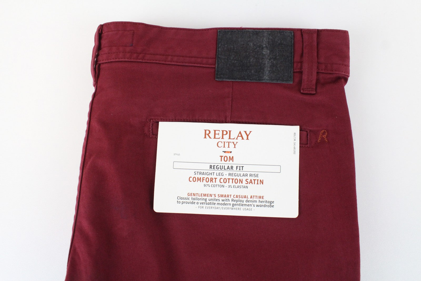 REPLAY Tom Men Trousers W33/L32 Red Cotton Stretch Regular Fit Stylish Pants