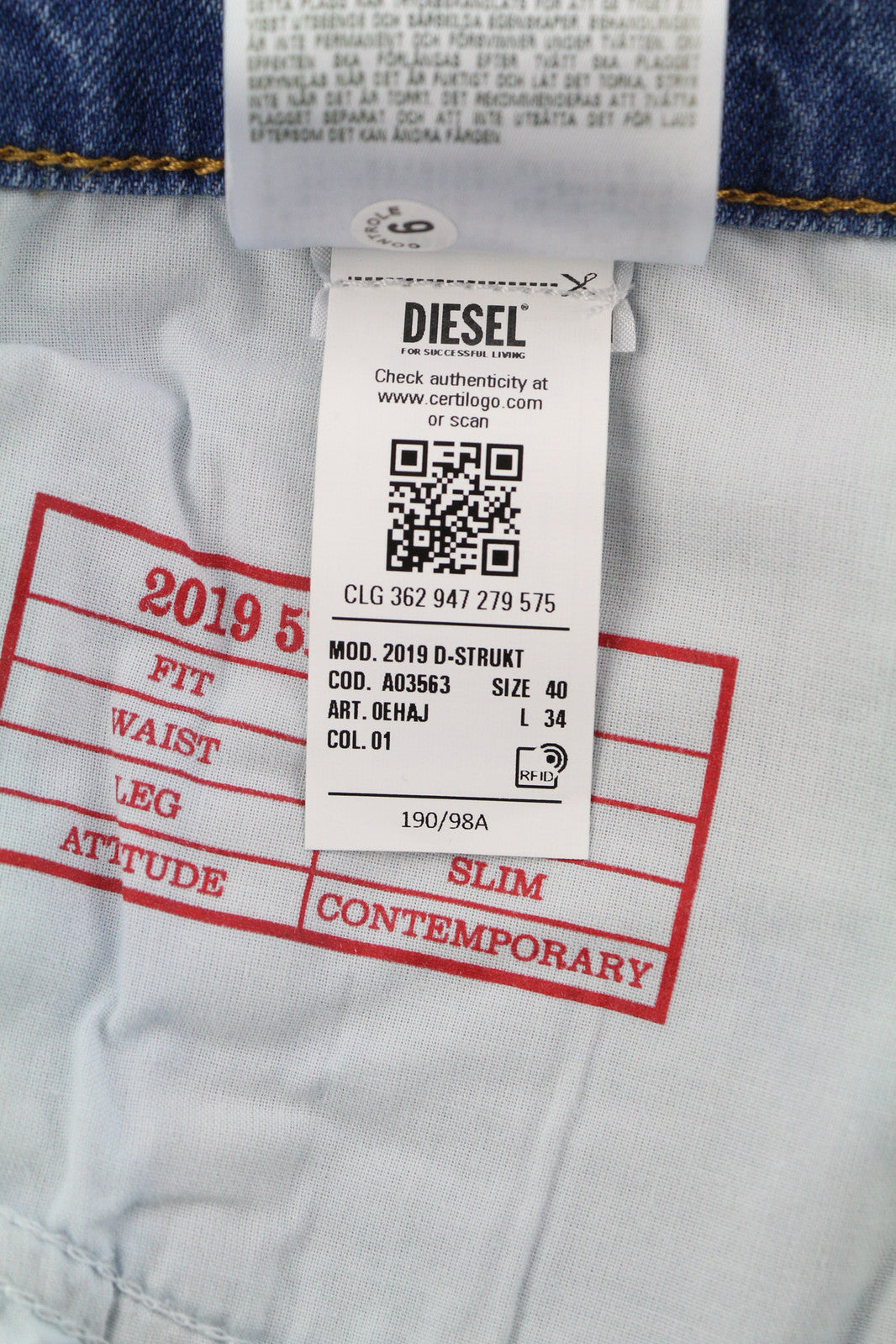 DIESEL 2019 D-Strukt 0EHAJ vyriški džinsai W40/L34 Slim Fit vidutinio juosmens, skalbtos mėlynos spalvos 