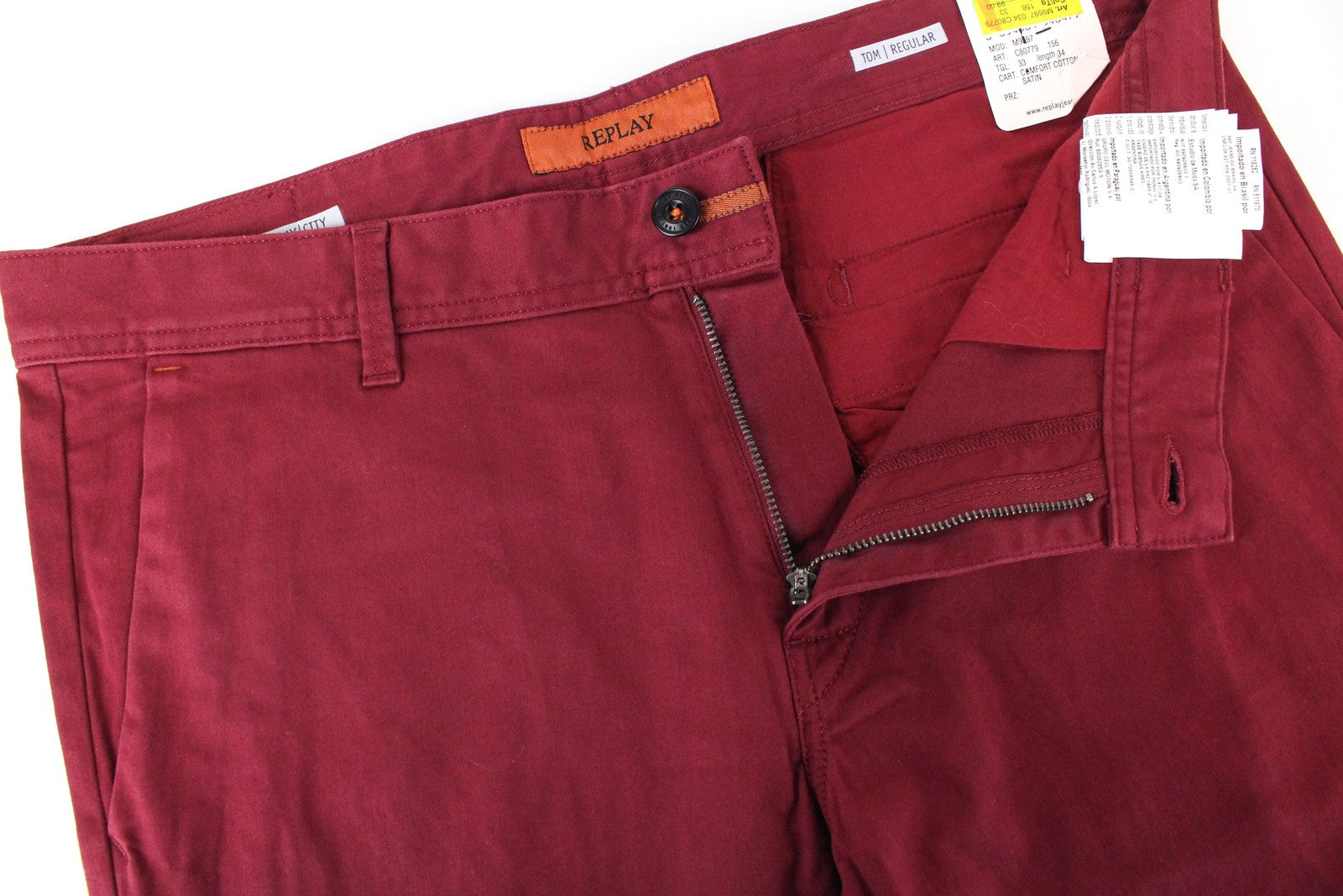 REPLAY Tom Men Trousers W33/L34 Red Cotton Stretch Straight Leg Casual Chinos